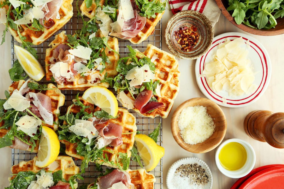 Potato and Parmesan Waffles with Prosciutto and Arugula