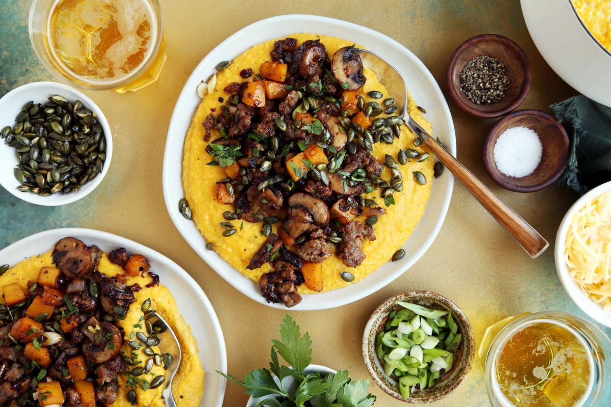 Cheesy Pumpkin Grits with Sausage, Mushrooms and Butternut Squash