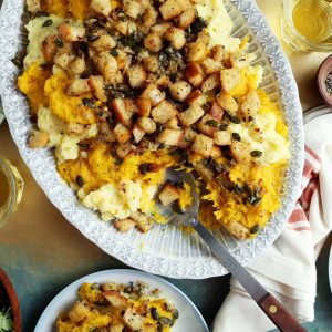 Pumpkin Mashed Potatoes with Herby Croutons