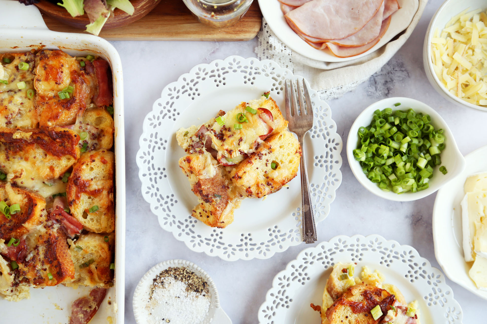 Savory Brie, Ham and Gruyère Bread Pudding